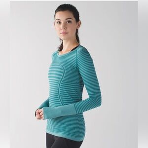 Lululemon Sz 10 Swiftly Tech Long Sleeve Crew Teal Stripe Thumb Hole